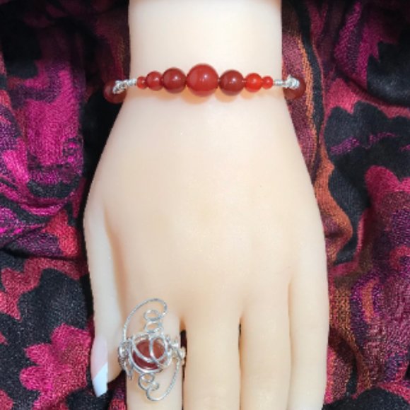 Red Agate Sterling Silver Bracelet- Red Agate Link and Bead Style Bracel… - Picture 2 of 7